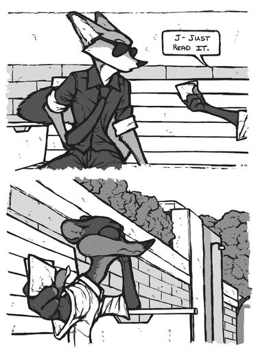 anthro bench canid canine clothed clothing comic dialogue disney duke_weaselton duo english_text fox hi_res least_weasel luraiokun male mammal monochrome mustela mustelid musteline necktie nick_wilde on_bench text true_musteline zootopia // 950x1304 // 761.8KB