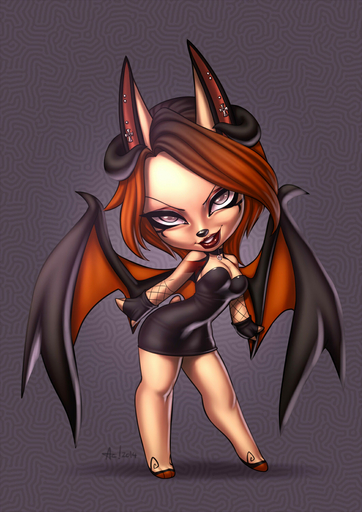 alanscampos anthro breasts brown_hair chibi chiropteran cleavage clothed clothing demon dress ear_piercing female grey_eyes hair hi_res looking_at_viewer mammal piercing pose smile solo // 1060x1500 // 631.6KB