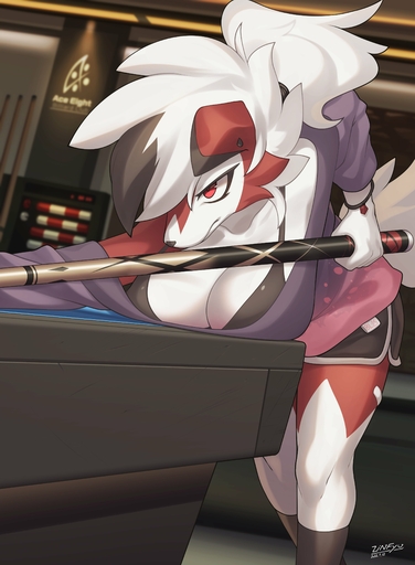 absurd_res anthro big_breasts billiard_table biped bra bracelet breasts cleavage clothed clothing detailed_background digital_media_(artwork) ear_piercing female hi_res inside jewelry lycanroc midnight_lycanroc piercing pokemon_(species) red_body red_eyes shaded solo solo_focus underwear video_games white_body zinfyu // 3011x4096 // 610.1KB