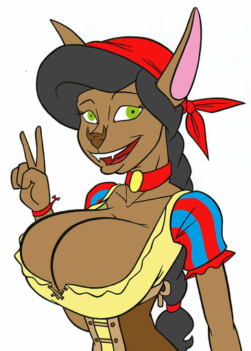 5_fingers anthro bandanna big_breasts black_hair breasts brown_body brown_fur chiropteran cleavage clothed clothing creatiffy dress fangs female fingers fur gesture green_eyes hair happy huge_breasts jewelry kerchief looking_at_viewer mammal natasha_(creatiffy) necklace open_mouth ponytail simple_background smile solo toony v_sign white_background // 755x1057 // 152.5KB