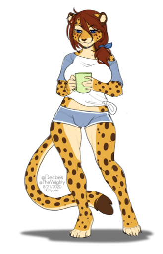 2020 4_toes 5_fingers anthro blue_eyes bottomwear breasts brown_hair bulge cheetah clothing digital_media_(artwork) feet felid feline fingers gynomorph hair hi_res hotpants intersex kittydee mammal shorts simple_background solo toes white_background // 823x1280 // 383KB