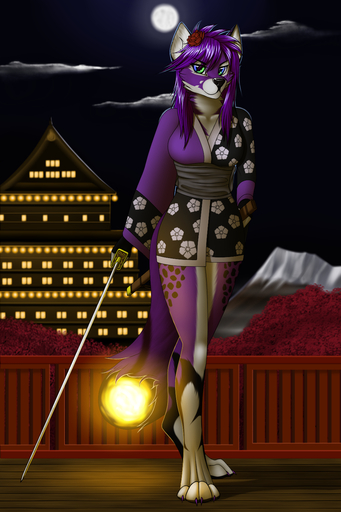 2:3 4_toes anthro biped black_nose breasts canid canine clothed clothing digitigrade feet female fox hair heterochromia hi_res holding_object holding_sword holding_weapon katana looking_at_viewer mammal melee_weapon moon purple_hair smile solo standing sword tales_foxdale toes weapon // 1000x1500 // 926.9KB