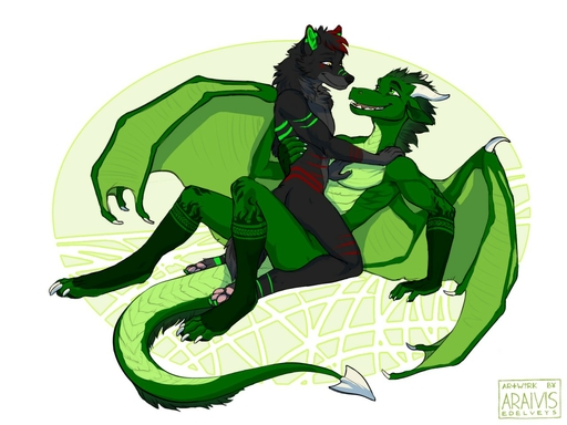 2018 4:3 anthro araivis-edelveys black_body black_fur black_nose canid canine canis digitigrade dragon duo fur green_body green_hair green_skin hair male malemale mammal membrane_(anatomy) membranous_wings nude open_mouth pawpads simple_background smile straddling teeth wings wolf // 1280x960 // 180.1KB