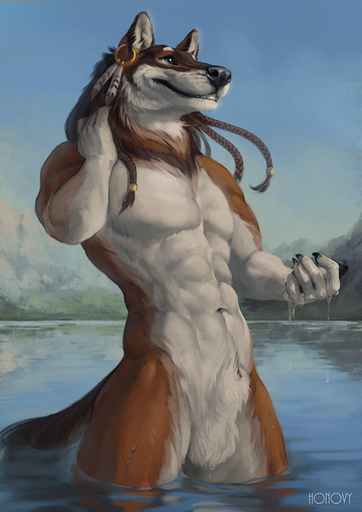 abs animal_genitalia anthro balls biped canid canine canis fully_sheathed fur genitals hair honovy male mammal miles_(miles-wolf) nude outside partially_submerged sheath smile solo standing wolf // 636x900 // 711.6KB
