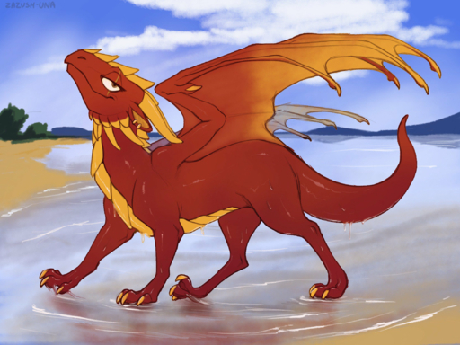 2019 4:3 beach claws detailed_background digital_media_(artwork) dragon feral hi_res membrane_(anatomy) membranous_wings scalie seaside sky smile solo standing water western_dragon wet wings zazush-una // 2224x1668 // 3.7MB