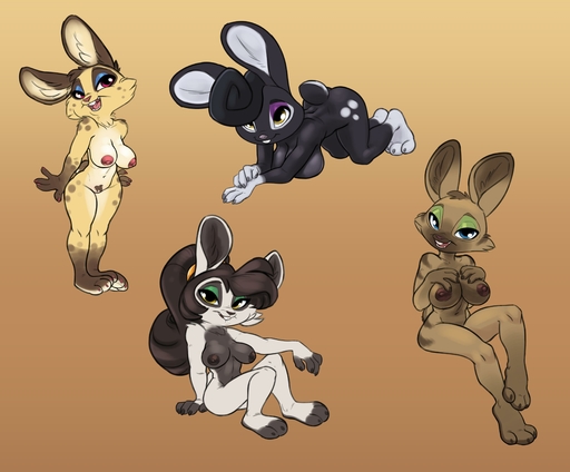 2019 absurd_res all_fours anthro black_body black_fur breasts brown_body brown_fur buckteeth female fur group hand_on_breast hi_res lagomorph leporid looking_at_viewer mammal nipples nude open_mouth open_smile pubes rabbit siroc sitting smile spots standing tan_body tan_fur teeth // 3620x3000 // 360KB