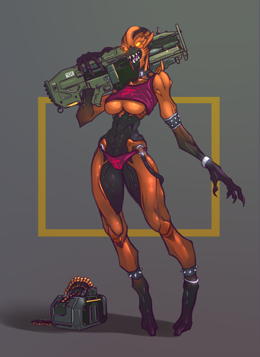 2017 anklet bracelet breasts brown_body brown_skin bullet choker claws cleavage clothed clothing demon digital_media_(artwork) fangs female glowing glowing_eyes gun heavy_assault_rifle hi_res holding_gun holding_object holding_weapon humanoid imp_(doom) jewelry looking_at_viewer necklace not_furry open_mouth orange_eyes ranged_weapon rifle rube sharp_teeth simple_background smile solo spikes standing teeth tongue under_boob underwear video_games weapon // 1506x2071 // 859.4KB