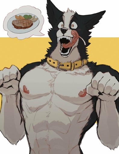 absurd_res anthro beef black_body black_fur blush bodily_fluids border_collie broccoli canid canine canis claws collar collie domestic_dog drooling fangs food fur herding_dog hi_res k0bit0wani licking licking_lips looking_at_viewer male mammal meat multicolored_body muscular muscular_male nipples open_mouth pastoral_dog plant saliva self_lick sheepdog smile solo speech_bubble steak tongue tongue_out vegetable white_body white_fur // 1929x2500 // 536.2KB