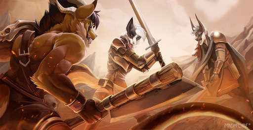 2018 acrador anthro armor black_hair canid canine canis clothed clothing dasa day detailed_background digital_media_(artwork) group hair hi_res holding_object holding_sword holding_weapon jackal keegan_(gasaraki2007) male mammal melee_weapon mindmachine outside sword weapon white_hair // 1600x826 // 2.0MB