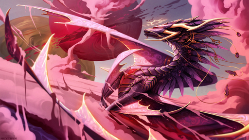 16:9 2018 cloud digital_media_(artwork) dragon feathers feral flying hi_res horn neytirix open_mouth purple_body purple_feathers purple_scales red_eyes ridged_horn scales solo teeth wyvern // 1920x1080 // 567KB