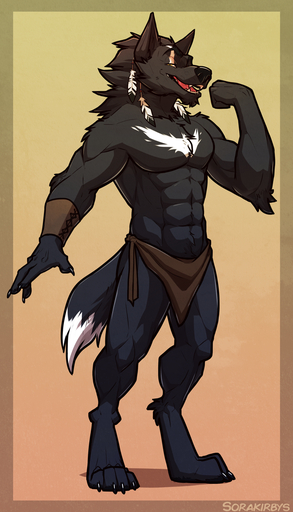 2018 anthro black_body black_fur bottomwear canid canine canis clothed clothing digital_media_(artwork) feathers flexing fur hi_res loincloth looking_at_viewer male mammal muscular muscular_anthro muscular_male open_mouth pecs silver_fang simple_background smile solo sorakirbys topless white_body white_fur wolf // 686x1200 // 850.8KB