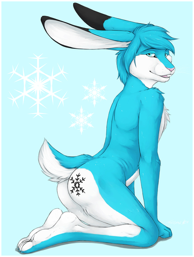 anthro biped blue_body blue_fur butt frostibunni fur kneeling lagomorph leporid looking_at_viewer male mammal nude rabbit simple_background solo truegrave9 // 750x992 // 339KB