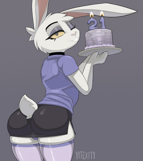 2022 absolute_territory anthro biped birthday_cake bottomwear bulge butt cake candle cheek_tuft choker clothed clothing crossdressing dessert facial_tuft food footwear fur furgonomics girly grey_background grey_eyes head_tuft hi_res holding_object jewelry lagomorph legwear leporid looking_at_viewer looking_back male mammal necklace one_eye_closed pink_nose rabbit rear_view scut_tail shirt short_tail signature simple_background skirt smile socks solo tail_clothing texi_(yitexity) thick_thighs thigh_highs thigh_socks topwear tuft underwear white_body white_fur wink yellow_sclera yitexity // 1687x1892 // 846.9KB