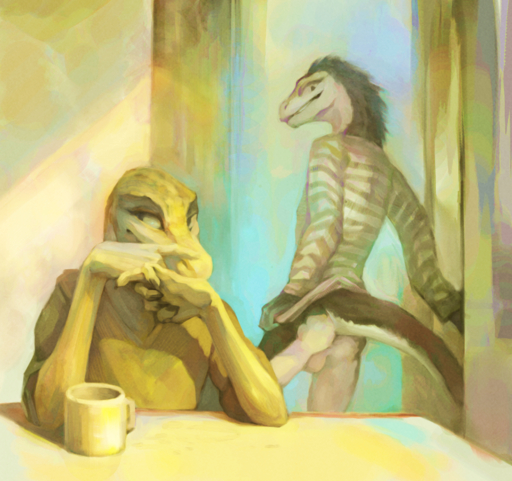 5_fingers anthro anus backsack balls bottomless clothed clothing container cup detailed_background digital_media_(artwork) duo fingers furniture genitals inside klongi lizard looking_back male reptile scales scalie sitting smile standing table // 906x852 // 1.2MB