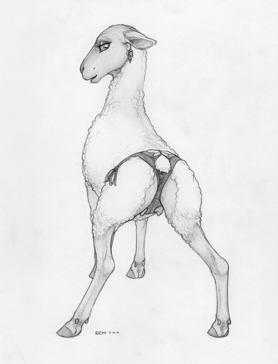 2016 beauty_mark bovid caprine clothed clothed_feral clothing domestic_sheep ear_piercing ecmajor female feral hi_res hooves looking_at_viewer looking_back mammal mole_(marking) monochrome open_mouth open_smile panties piercing sheep sketch smile solo teats traditional_media_(artwork) underwear // 1100x1443 // 1.2MB