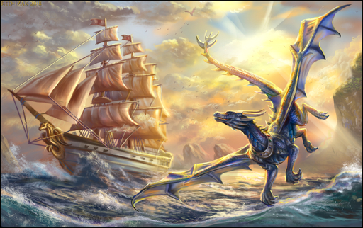 2018 black_border blue_body blue_scales border cloud detailed_background digital_media_(artwork) dragon feral flying membrane_(anatomy) membranous_wings red-izak scales scalie sea ship valinor vehicle water watercraft wave wings // 1004x631 // 949.4KB