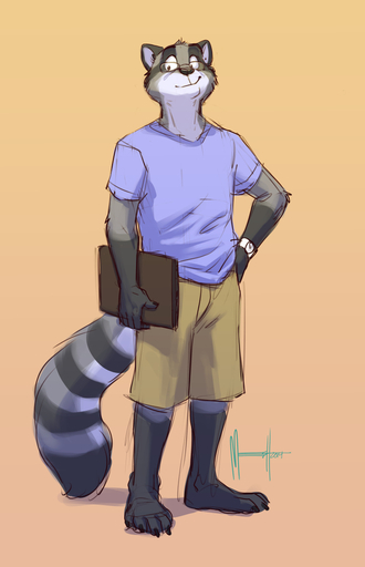 2014 anthro clothed clothing digital_media_(artwork) eyewear glasses hi_res looking_at_viewer male mammal meesh procyonid raccoon sketch smile solo standing // 773x1200 // 333KB