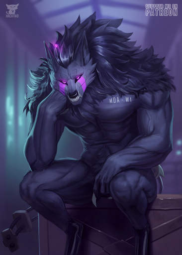 2021 anthro biped canid canine canis claws fur grey_body grey_fur hacatiko hair hi_res looking_at_viewer male mammal mda-w1 muscular muscular_male pink_eyes sitting solo teeth wolf // 857x1200 // 267.9KB