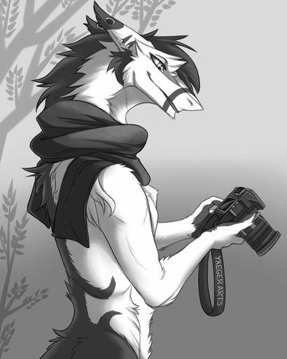 4:5 anthro camera claws ear_piercing ear_ring fingerpads fur gradient_background greyscale hair hi_res male mammal monochrome mostly_nude pawpads piercing plant pupils scarf sergal simple_background slit_pupils smile solo tree yaegerarts // 1400x1750 // 170.8KB