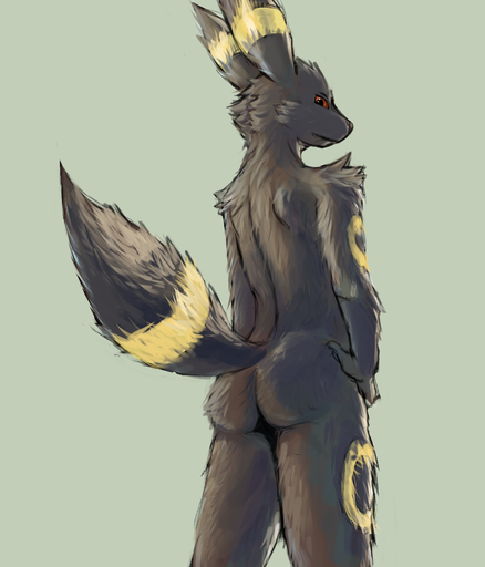 anthro biped butt eeveelution fur hand_on_hip looking_at_viewer looking_back male nintendo nude pokemon pokemon_(species) raised_tail rear_view solo somnamg standing umbreon video_games // 821x960 // 1.4MB