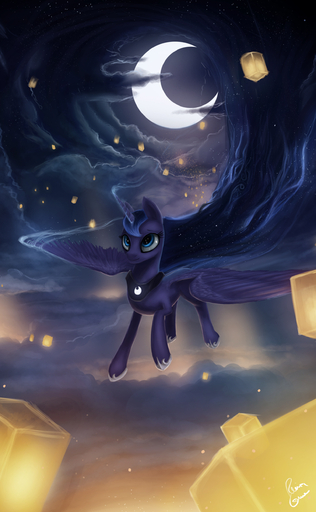 2014 absurd_res blue_body blue_eyes blue_feathers blue_hair digital_media_(artwork) digital_painting_(artwork) equid equine feathered_wings feathers female friendship_is_magic glowing hair hasbro hi_res horn horse mammal moon my_little_pony night photonoko princess_luna_(mlp) solo star winged_unicorn wings // 1550x2514 // 1.4MB