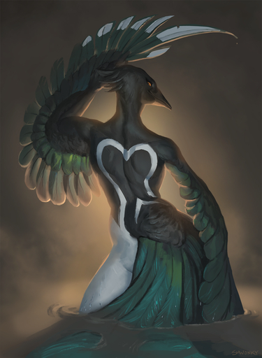 2021 anthro avian beak bird corvid digital_media_(artwork) feathered_wings feathers female hi_res magpie_(corvid) oscine partially_submerged passerine shwonky smile solo wings // 1000x1364 // 1.0MB