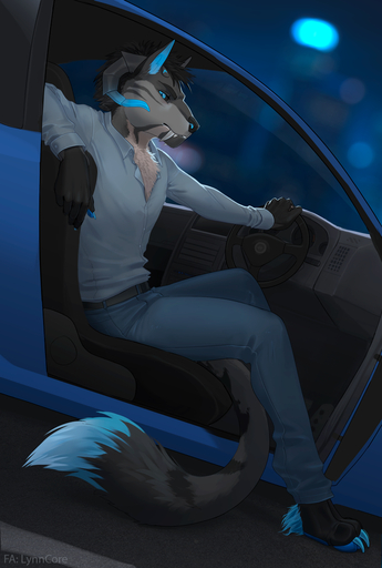 2019 5_fingers anthro biped black_hair blue_eyes blue_pawpads car clothed clothing curved_horn detailed_background fingers hair horn hybrid jager_(qckslvrslash) lynncore male night outside pawpads paws sitting solo vehicle // 741x1100 // 647.0KB