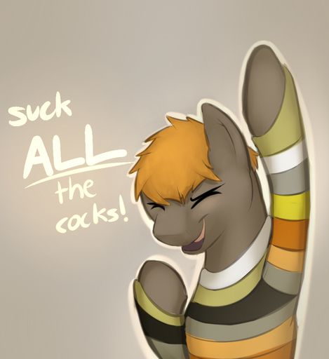 2012 braeburned clothed clothing digital_media_(artwork) english_text equid eyes_closed hair male mammal orange_hair simple_background solo stated_homosexuality stated_sexuality sweater text topwear umber // 878x958 // 559.4KB
