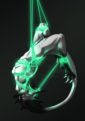 anthro bdsm bodily_fluids bondage bound green_eyes hi_res kevintheradioguy male monochrome rope rope_bondage rope_harness saliva sergal simple_background solo tongue // 904x1280 // 1.0MB