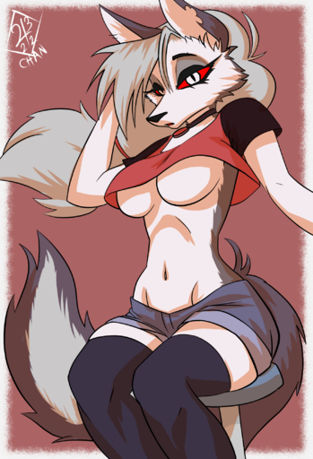 4322chan anthro bangs belly border bottomwear breasts canid canine canis cel_shading clothed clothing collar crop_top ear_piercing ear_ring female flowing_hair fur furniture grey_body grey_fur grey_hair hair hand_behind_head helluva_boss hi_res legwear long_hair looking_at_viewer loona_(vivzmind) mammal multicolored_body multicolored_fur navel piercing portrait red_sclera shaded shirt shorts signature simple_background sitting solo stool tail_tuft thigh_highs three-quarter_portrait topwear tuft two_tone_body two_tone_fur under_boob white_body white_border white_eyes white_fur wolf // 1500x2200 // 1.5MB