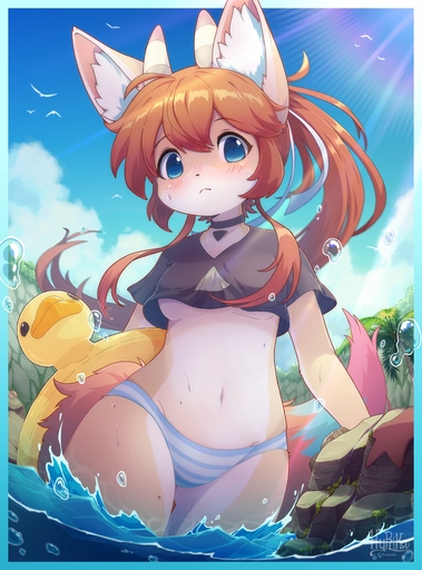 2022 absurd_res anthro blue_eyes blush breasts brown_hair canid canine choker clothed clothing cloud crop_top day female female_anthro fox fur hair hi_res horn hyrika inner_ear_fluff jewelry kemono looking_at_viewer mammal multicolored_body multicolored_fur multicolored_tail navel necklace orange_body orange_fur outside panties partially_submerged pattern_clothing pattern_underwear pink_body pink_fur portrait shirt sky small_breasts solo striped_clothing striped_underwear stripes tan_body tan_fur three-quarter_portrait topwear tuft under_boob underwear water white_body white_fur // 3034x4096 // 987.8KB