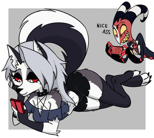anthro blitzo_(vivzmind) bottomwear canid canid_demon canine canis centinel303 clothing collar demon ear_piercing ear_ring female hellhound helluva_boss humanoid loona_(vivzmind) male mammal phone piercing red_sclera shorts technical_incest toeless_legwear wolf // 1200x1078 // 547.9KB