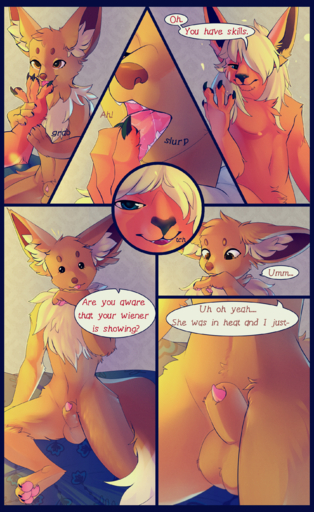 1boy 1girls 2019 absurd_res animal_genitalia anthro anthrofied black_nose claws comic dialogue eevee eeveelution elvche english_text flareon foot_worship fur furry hair hi_res interspecies looking_at_viewer male neck_tuft nintendo nude open_mouth original_character penis penis_tip pokemon pokemon_(species) pokemon_rgby saliva sheath speech_bubble testicles text tongue tongue_out tuft video_games // 1703x2774 // 7.3MB