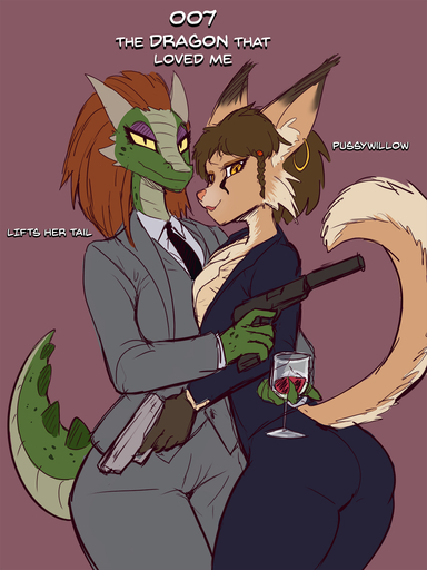 3:4 anthro argonian brown_hair business_suit clothing digital_media_(artwork) duo ear_piercing ear_ring english_text felid female femalefemale general-irrelevant gun hair hi_res holding_gun holding_object holding_weapon holding_wine_glass khajiit lifts-her-tail looking_at_viewer mammal necktie piercing pussywillow_moonsugar ranged_weapon scalie simple_background smile suit text video_games weapon // 1080x1440 // 609.3KB