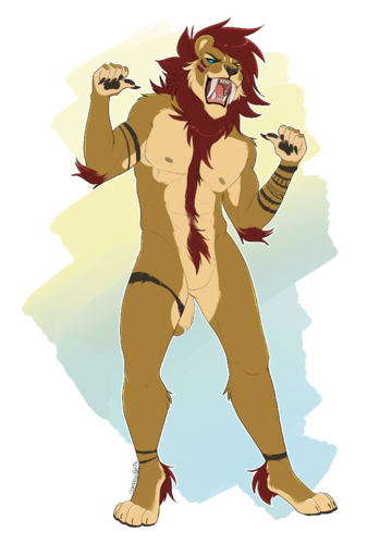 5_fingers anthro barefoot biped blue_eyes claws compass_(artist) fangs featureless_crotch feet felid fingers front_view gesture hi_res lion male mammal nipples nude open_mouth pantherine pointing pointing_at_self sabertooth_(anatomy) smile solo standing teeth // 1264x1800 // 558.7KB