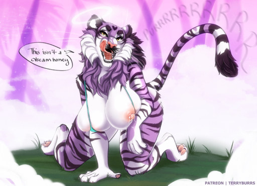 anthro big_breasts blush bodily_fluids breasts butt clothed clothing curvy_figure felid female fur hi_res huge_breasts looking_at_viewer lua_character mammal nipples nude open_mouth pantherine pink_body pink_fur simple_background smile solo stripes terryburrs thick_thighs tiger tongue voluptuous wide_hips // 1800x1302 // 3.4MB