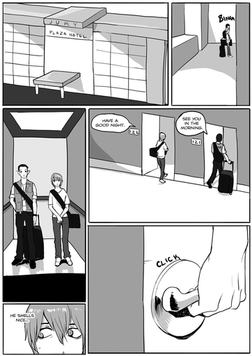 bag black_and_white bodily_fluids border bottomwear building clothing comic damon_(grimart) doorknob elevator elf footwear grimart hair hotel hotel_room humanoid humanoid_pointy_ears leto_(grimart) luggage male monochrome pants shirt shoes short_hair standing suitcase sweat text topwear vest walking white_border // 620x877 // 212.9KB
