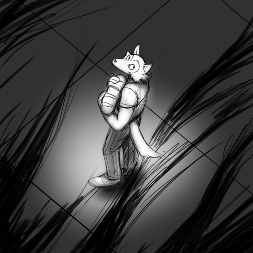 1:1 anthro beastars bird's-eye_view canid canine canis comic food hi_res high-angle_view hladilnik holding_food holding_object legoshi_(beastars) looking_up male mammal monochrome shadow solo spotlight wolf // 1280x1280 // 521.9KB