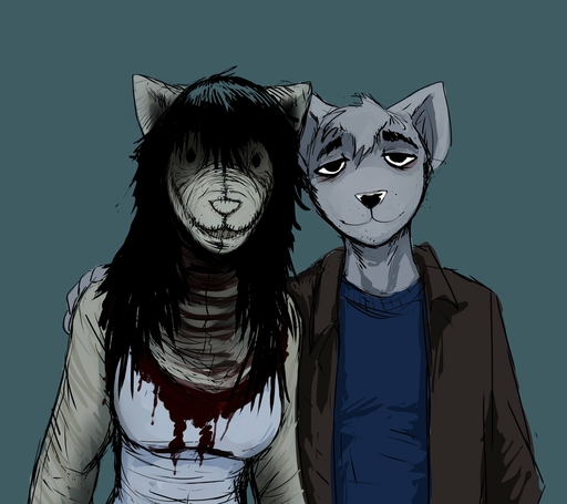 2021 anthro black_hair blood blood_on_clothing bodily_fluids canid canine canis carol_(hladilnik) clothed clothing costume daniel_(hladilnik) domestic_dog duo female fur ghost grey_body grey_fur hair hi_res hladilnik looking_at_viewer male malefemale mammal romantic romantic_couple simple_background smile spirit wolf // 1440x1280 // 180.4KB