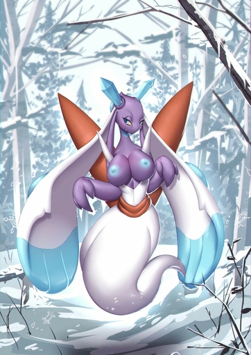 2015 alanscampos big_breasts blue_eyes breasts female floating froslass ghost ghost_tail hi_res mammal mega_evolution nipples outside pokemon_(species) snow solo spirit video_games winter yellow_sclera // 905x1280 // 268.2KB