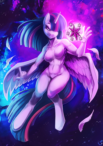 2015 anthro anthrofied breasts digital_media_(artwork) digital_painting_(artwork) equid equine feathered_wings feathers featureless_breasts female full-length_portrait fur glowing hair hi_res horn horse mammal multicolored_hair nude portrait purple_body purple_feathers purple_fur purple_hair purple_skin shaded smile solo spirale twilight_sparkle_(mlp) two_tone_hair winged_unicorn wings // 884x1250 // 1.1MB