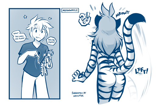 2020 ?! anthro blue_and_white body_control butt casual_nudity clothed clothing comic conditional_dnp dialogue doll duo english_text faceless_female felid female flora_(twokinds) fur hi_res holding_object human humor keidran male mammal monochrome nude pantherine raised_tail rear_view simple_background sketch sound_effects striped_body striped_fur stripes surprise text tiger tom_fischbach trace_legacy twokinds voodoo voodoo_doll webcomic webcomic_character white_background // 1878x1280 // 961.8KB
