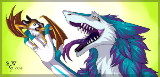 2013 ambiguous_gender ambiguous_pred anthro blue_body blue_fur duo feral forked_tongue fur gradient_background green_background hi_res imminent_vore kymimary long_tongue male maleambiguous male_prey mammal membrane_(anatomy) membranous_wings open_mouth sergal sharp_teeth silvergrin simple_background size_difference teeth tongue tongue_out vore white_body white_fur winged_arms wings yellow_body yellow_eyes yellow_fur // 2059x1000 // 1.3MB