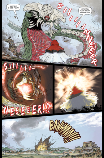 ambiguous_gender anthro beatriz_overseer building chochi city clothed clothing cloud comic dialogue dragon duo english_text explosion fully_clothed green_body green_scales hi_res magic magic_user outside pillarbox ragnar_heltz red_body red_scales scales scalie sky teeth text unknown_species // 950x1448 // 2.6MB