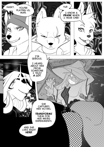 abstract_background amphibian anthro canid canine cervid clothing comic corablue english_text female frog group hi_res humanoid legwear looking_at_viewer magic_user male mammal monochrome open_mouth scar smile stockings text witch // 868x1228 // 480.9KB