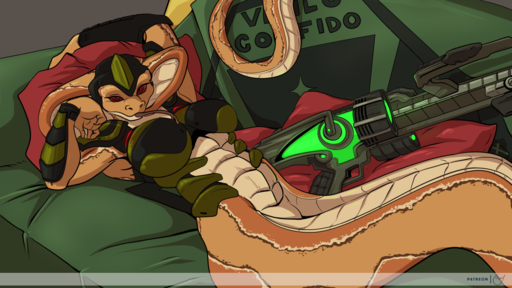 anthro apode big_breasts breasts draconcopode female furniture gun legless naga non-mammal_breasts pillow ranged_weapon red_eyes reptile scalie serpentine snake sofa solo tongue tongue_out video_games viper_(x-com) weapon x-com x-com_2 yawg // 1250x703 // 600.0KB
