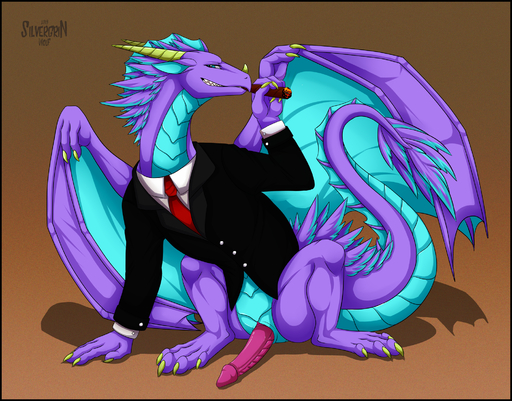 black_border black_tie_(suit) border bottomless cigar clothed clothing dragon feral genitals hi_res jacket male penis reptile scalie silvergrin smoke solo suit topwear // 2000x1566 // 4.0MB