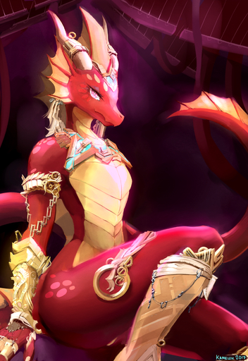 2017 anthro biped detailed_background dragon eyelashes female flat_chested hi_res horn jewelry kameloh looking_at_viewer nude pink_eyes pupils pyrexia red_body red_scales scales scalie sitting slit_pupils smile solo spines wide_hips // 1416x2060 // 3.2MB