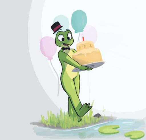2021 amphibian anthro balloon birthday_cake cake candle clothing dessert digital_media_(artwork) enginetrap featureless_crotch food frog grass green_body hat headgear headwear hi_res inflatable light lighting lily_pad mostly_nude outside plant shaded solo top_hat walking water // 1909x1837 // 1.2MB