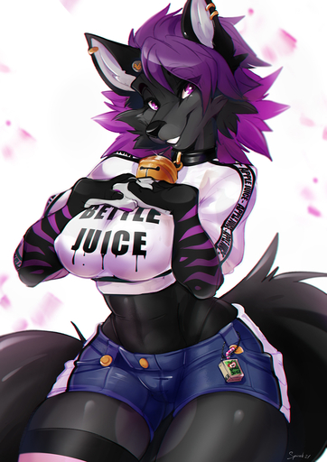 2021 anthro breasts canid canine clothed clothing female fox hair hi_res mammal nipple_outline purple_eyes purple_hair smile solo spirale // 1060x1500 // 786KB